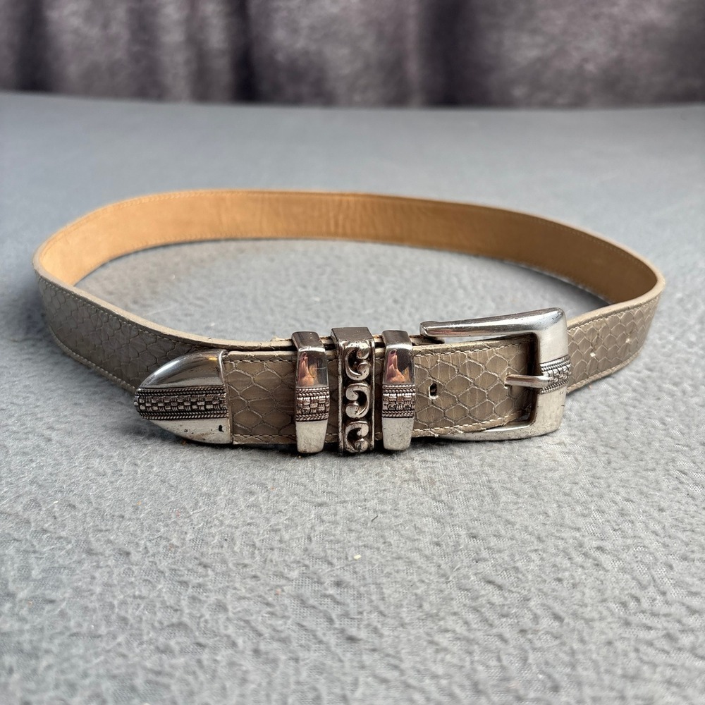 Vintage 1998 Bucklesource Taupe Snakeskin Western Belt Silver Tone Hardware